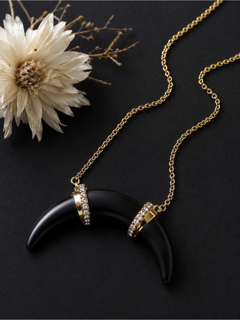 Stella & Dot Arc Pendant Necklace Black Crescent Horn Pavé NIP + Box RETIRED